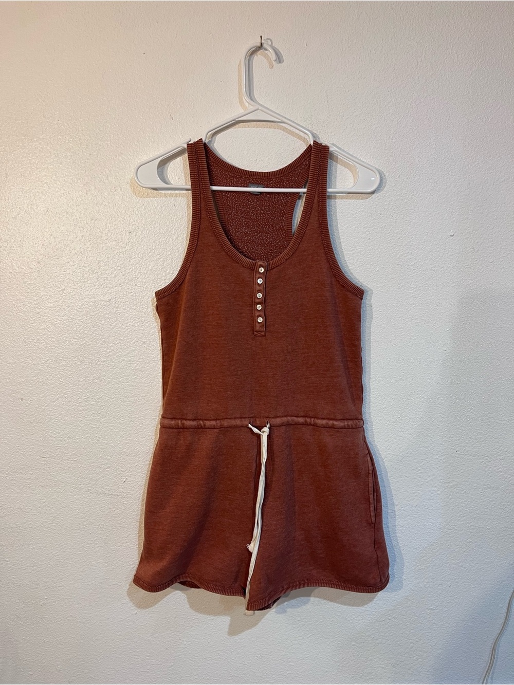 Aerie Fleece Henley Drawstring Lounge Romper Terracotta Rust Brown Women's XS